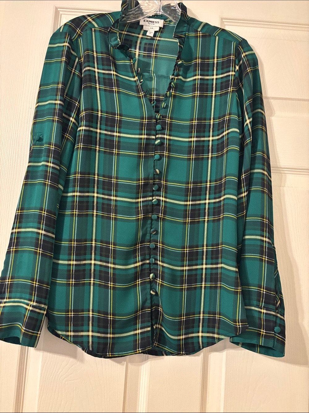 Express Teal Plaid Ruffle-Trim Button-Down Blouse